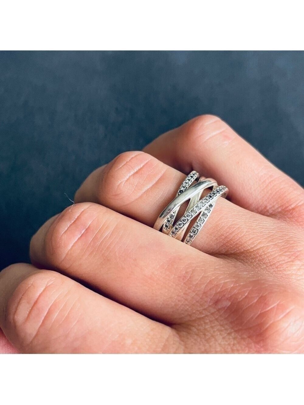 PANDORA CROSSOVER SPARKLING & POLISHED STERLING SILVER CZ WIDE BAND RING… - Picture 8 of 8